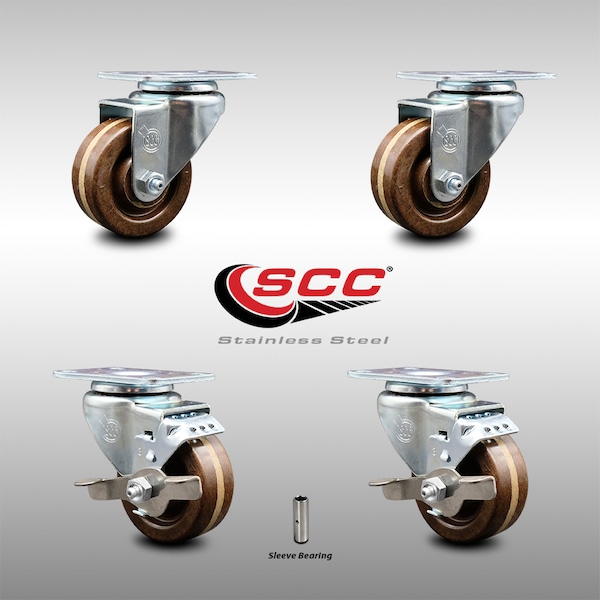 Service Caster 3 Inch SS High Temp Phenolic Swivel Top Plate Caster Set with 2 Brakes SCC SCC-SS20S314-PHSHT-2-TLB-2 - main